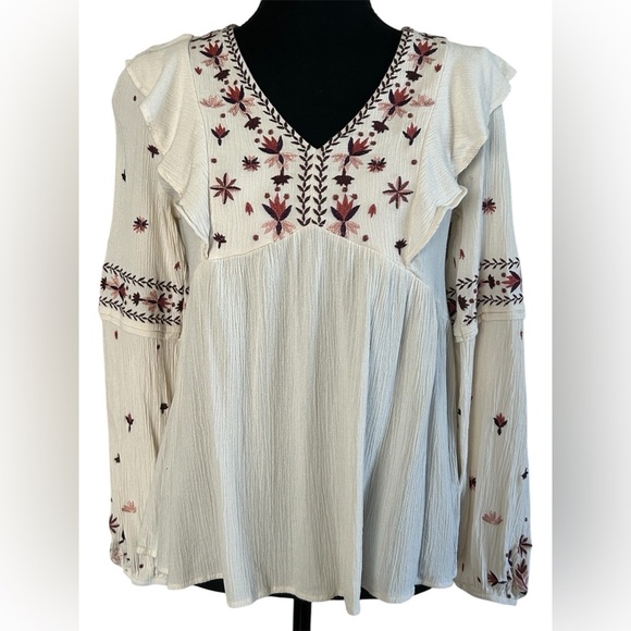 Knox Rose Tops - Knox Rose Cream Embroidered Ruffle Long Sleeve Boho Top Size XS